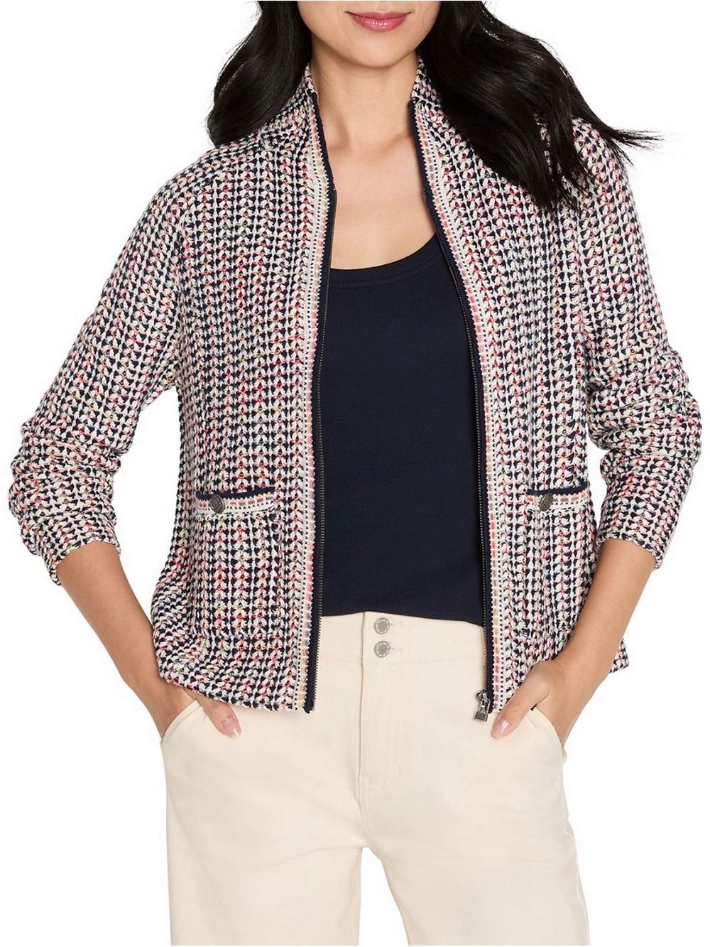 NIC+ZOE Tuck Stitch knit  Zip Jacket in Navy, Pink & Cream